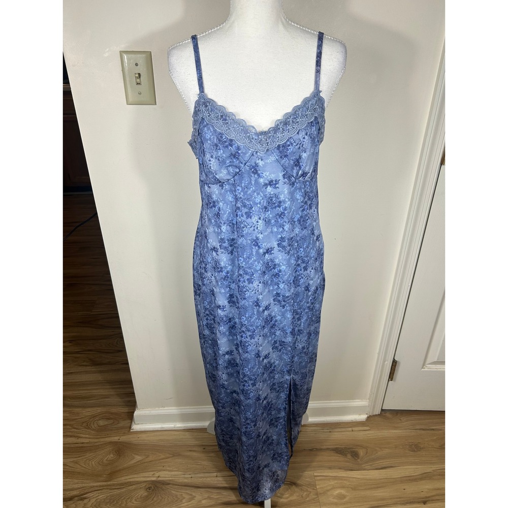 Y2K Grunge Style Maxi Dress Sz L Blue Floral Lace Trim Sweetheart Neckline Fairy